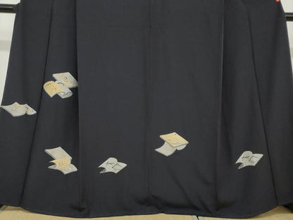 平和屋着物●豪華色留袖　駒刺繍　冊子草花文　藍鉄色　金彩　正絹　逸品　DABC2671ud