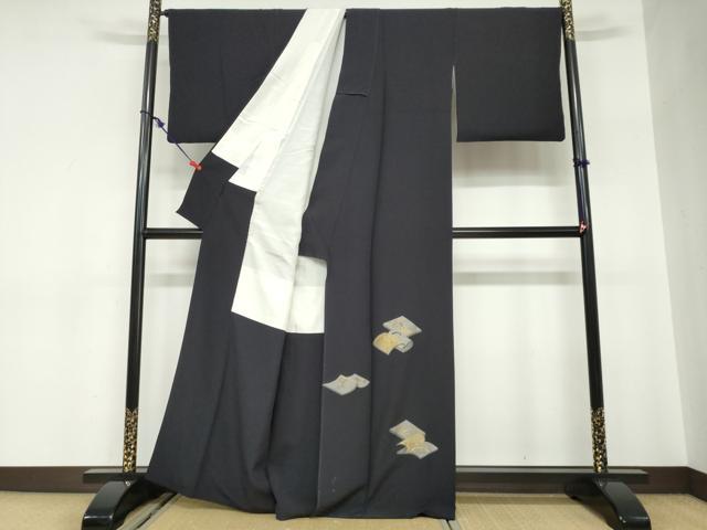 平和屋着物●豪華色留袖　駒刺繍　冊子草花文　藍鉄色　金彩　正絹　逸品　DABC2671ud