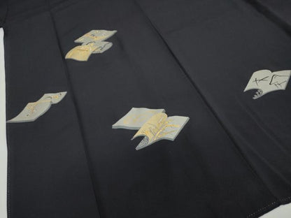 平和屋着物●豪華色留袖　駒刺繍　冊子草花文　藍鉄色　金彩　正絹　逸品　DABC2671ud