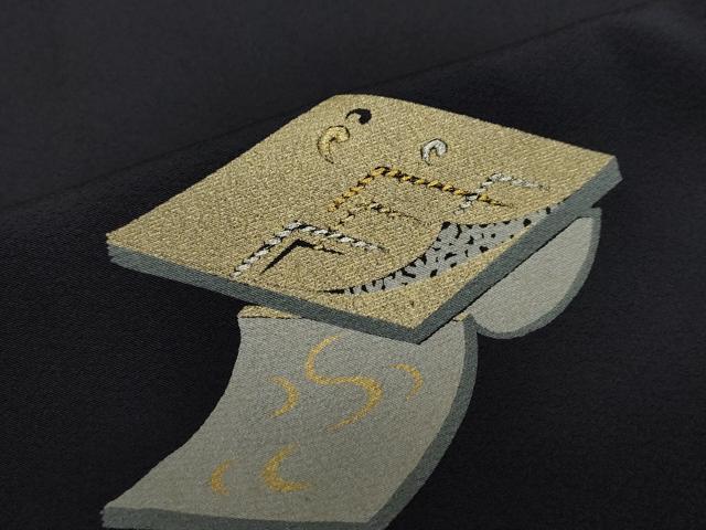 平和屋着物●豪華色留袖　駒刺繍　冊子草花文　藍鉄色　金彩　正絹　逸品　DABC2671ud