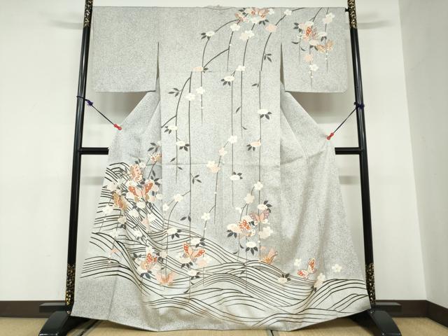 平和屋着物●訪問着　花蝶文　たたき染め　金彩　正絹　逸品　DABC2674ud