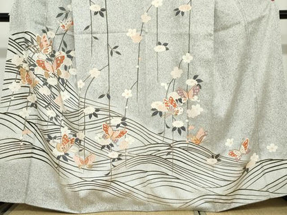 平和屋着物●訪問着　花蝶文　たたき染め　金彩　正絹　逸品　DABC2674ud