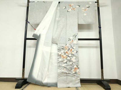 平和屋着物●訪問着　花蝶文　たたき染め　金彩　正絹　逸品　DABC2674ud