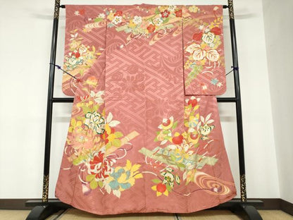 平和屋本店●アンティーク　大正ロマン　小振袖　二尺袖　駒刺繍　草花文　金彩　正絹　逸品　DABC2675ud