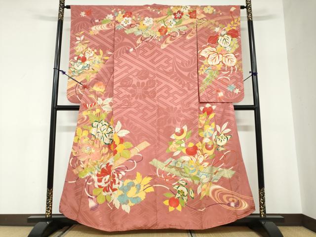 平和屋本店●アンティーク　大正ロマン　小振袖　二尺袖　駒刺繍　草花文　金彩　正絹　逸品　DABC2675ud