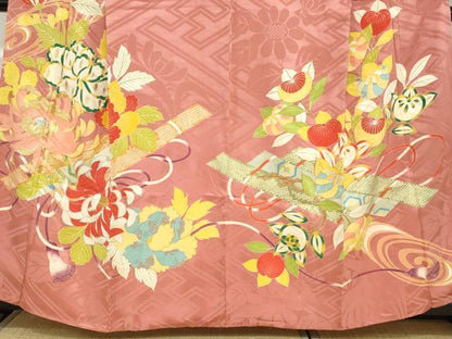 平和屋本店●アンティーク　大正ロマン　小振袖　二尺袖　駒刺繍　草花文　金彩　正絹　逸品　DABC2675ud