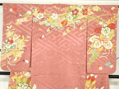 平和屋本店●アンティーク　大正ロマン　小振袖　二尺袖　駒刺繍　草花文　金彩　正絹　逸品　DABC2675ud