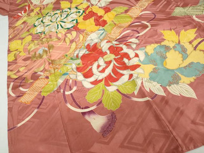 平和屋本店●アンティーク　大正ロマン　小振袖　二尺袖　駒刺繍　草花文　金彩　正絹　逸品　DABC2675ud