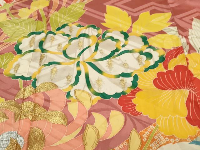 平和屋本店●アンティーク　大正ロマン　小振袖　二尺袖　駒刺繍　草花文　金彩　正絹　逸品　DABC2675ud