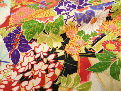 平和屋着物●アンティーク　大正ロマン　長襦袢　袷　扇面花車文　正絹　逸品　DABC2685ud