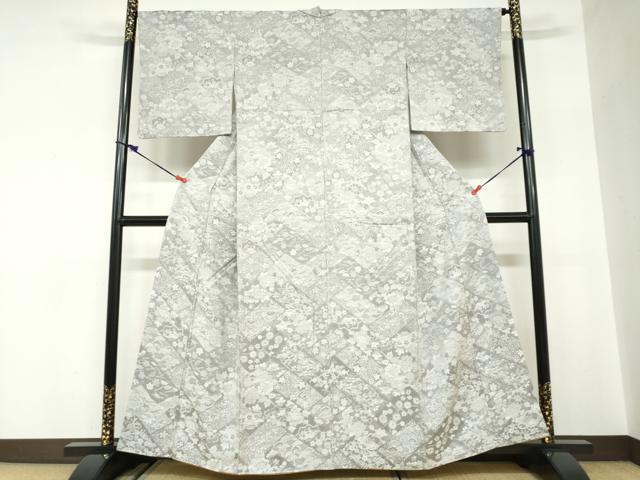 平和屋着物●山岡古都・古都染人　染織美術品　薬墨染　天目織　お召　草花文　正絹　逸品　DABC2688ud