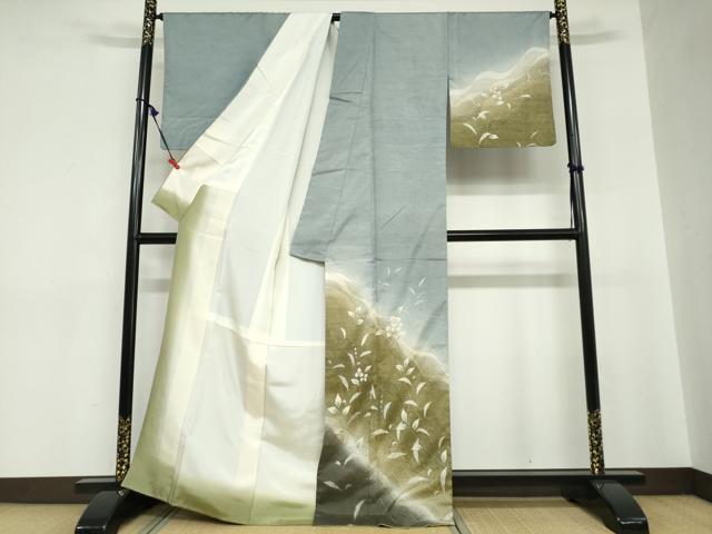 平和屋着物●訪問着　紬地　絞り　草花文　正絹　逸品　DABC2700ud