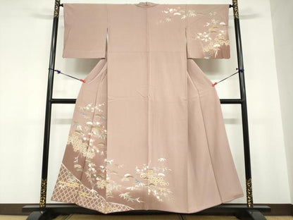 平和屋着物●訪問着　吉祥飛鶴草花文　暈し染め　金彩　正絹　逸品　DABC2703ud