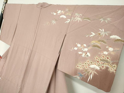 平和屋着物●訪問着　吉祥飛鶴草花文　暈し染め　金彩　正絹　逸品　DABC2703ud