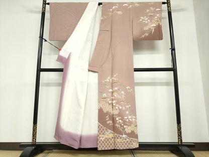 平和屋着物●訪問着　吉祥飛鶴草花文　暈し染め　金彩　正絹　逸品　DABC2703ud
