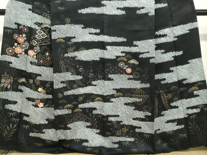 平和屋着物●訪問着　絞り　手描き　刺繍　エ霞吉祥草花文　黒地　金彩　正絹　逸品　DABC2705ud
