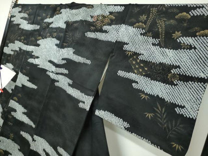 平和屋着物●訪問着　絞り　手描き　刺繍　エ霞吉祥草花文　黒地　金彩　正絹　逸品　DABC2705ud