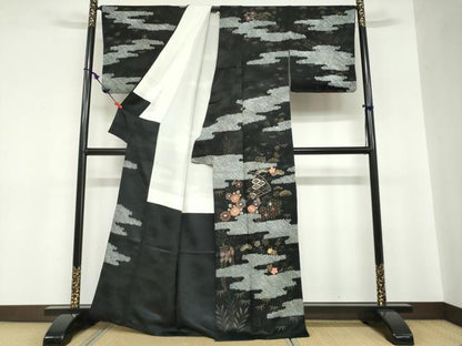 平和屋着物●訪問着　絞り　手描き　刺繍　エ霞吉祥草花文　黒地　金彩　正絹　逸品　DABC2705ud