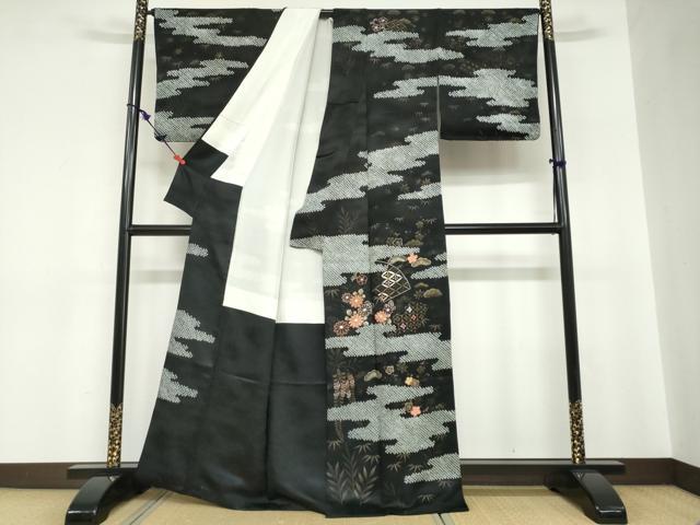 平和屋着物●訪問着　絞り　手描き　刺繍　エ霞吉祥草花文　黒地　金彩　正絹　逸品　DABC2705ud