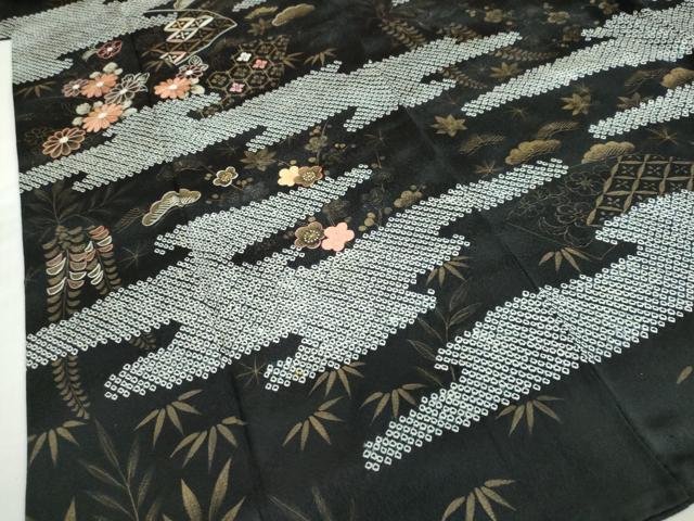 平和屋着物●訪問着　絞り　手描き　刺繍　エ霞吉祥草花文　黒地　金彩　正絹　逸品　DABC2705ud