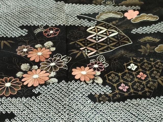 平和屋着物●訪問着　絞り　手描き　刺繍　エ霞吉祥草花文　黒地　金彩　正絹　逸品　DABC2705ud