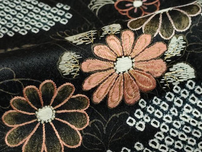 平和屋着物●訪問着　絞り　手描き　刺繍　エ霞吉祥草花文　黒地　金彩　正絹　逸品　DABC2705ud