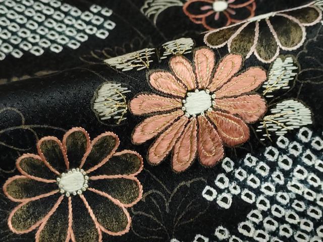 平和屋着物●訪問着　絞り　手描き　刺繍　エ霞吉祥草花文　黒地　金彩　正絹　逸品　DABC2705ud