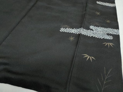 平和屋着物●訪問着　絞り　手描き　刺繍　エ霞吉祥草花文　黒地　金彩　正絹　逸品　DABC2705ud