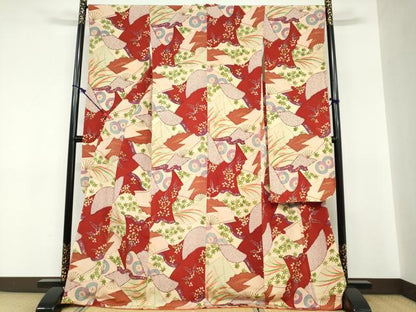 平和屋着物●豪華振袖　扇面草花文　鬼しぼ縮緬　正絹　逸品　未使用　DABC2706ud