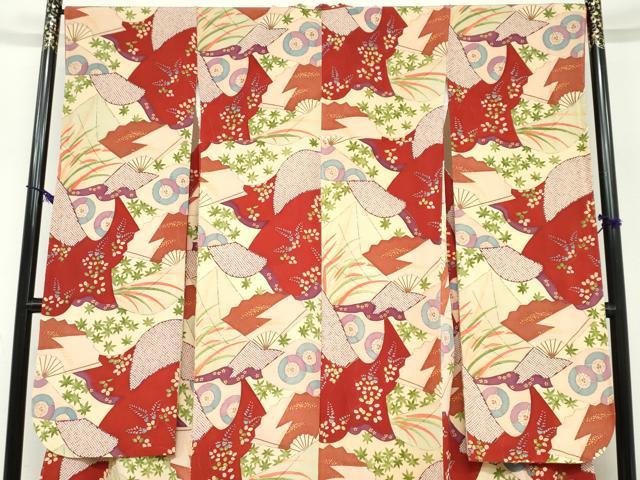 平和屋着物●豪華振袖　扇面草花文　鬼しぼ縮緬　正絹　逸品　未使用　DABC2706ud