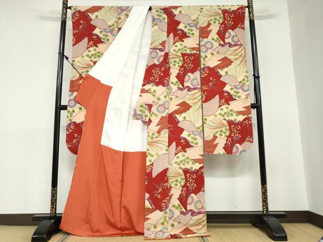 平和屋着物●豪華振袖　扇面草花文　鬼しぼ縮緬　正絹　逸品　未使用　DABC2706ud