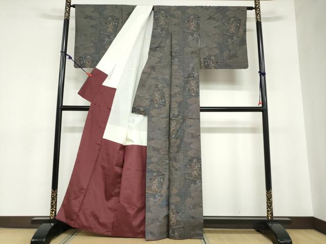 平和屋着物●本場大島紬　9マルキ　雲取り女人草花文　正絹　逸品　DABC2716ud