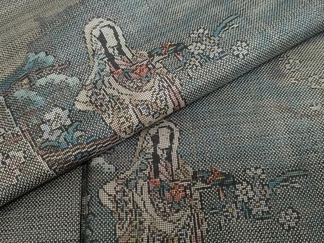 平和屋着物●本場大島紬　9マルキ　雲取り女人草花文　正絹　逸品　DABC2716ud