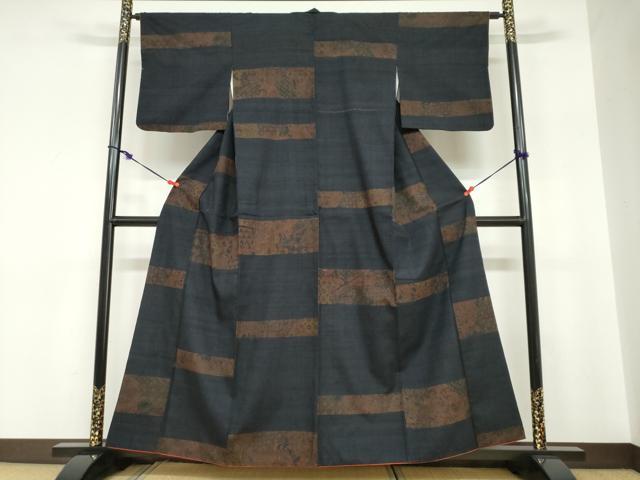 平和屋着物●上質な小紋　紬地　更紗横段草花文　正絹　逸品　DABC2720ud