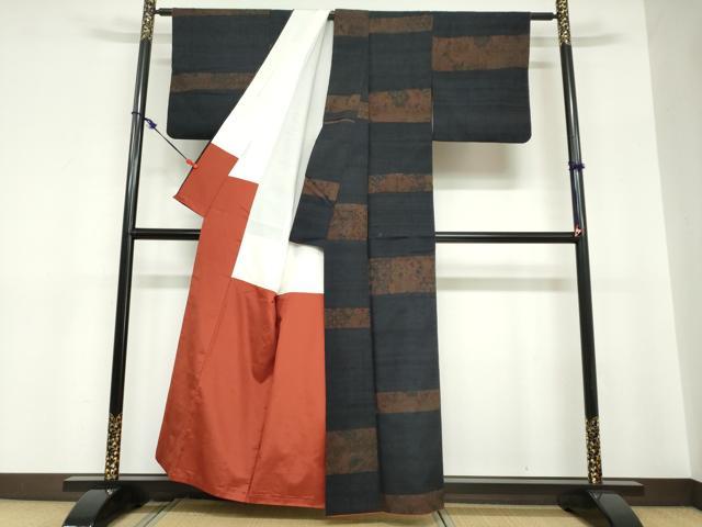 平和屋着物●上質な小紋　紬地　更紗横段草花文　正絹　逸品　DABC2720ud