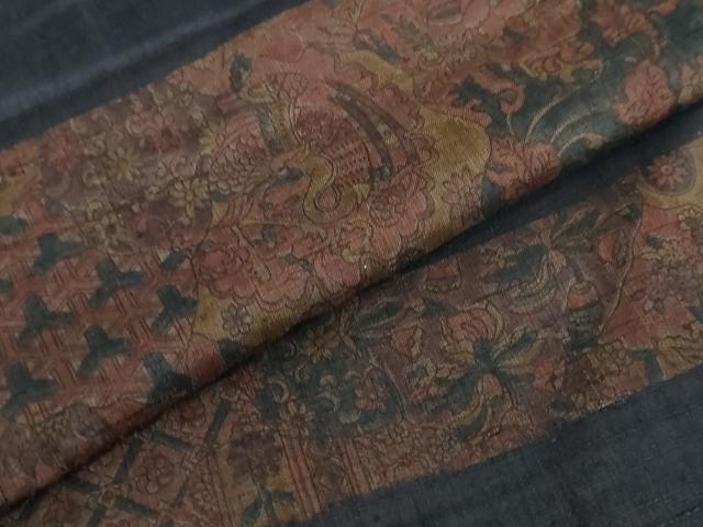 平和屋着物●上質な小紋　紬地　更紗横段草花文　正絹　逸品　DABC2720ud