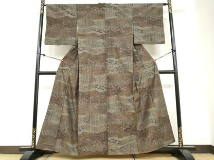 平和屋着物●小千谷紬　横段草花文　正絹　逸品　DABC2728ud