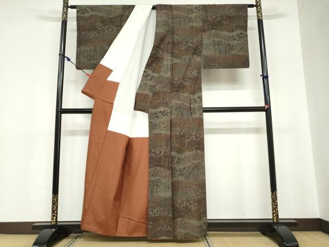 平和屋着物●小千谷紬　横段草花文　正絹　逸品　DABC2728ud