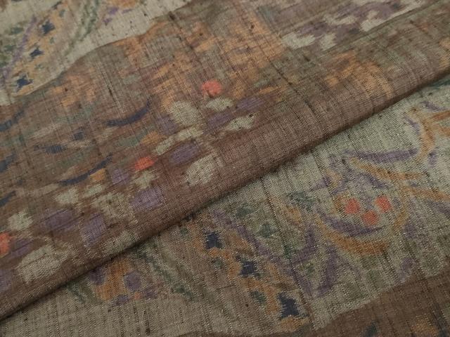 平和屋着物●小千谷紬　横段草花文　正絹　逸品　DABC2728ud