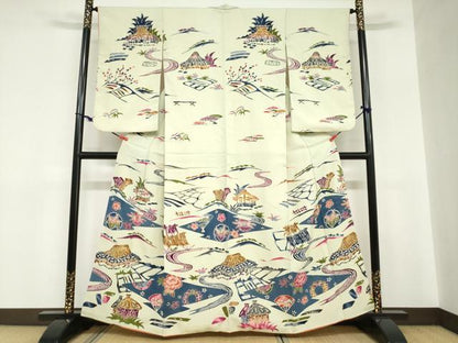平和屋着物●訪問着　型染め　流水風景草花文　正絹　逸品　DABC2730ud