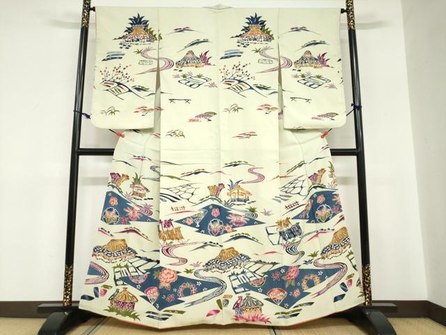平和屋着物●訪問着　型染め　流水風景草花文　正絹　逸品　DABC2730ud