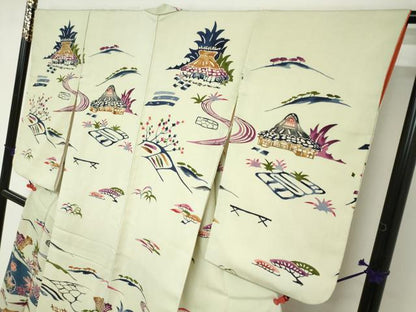 平和屋着物●訪問着　型染め　流水風景草花文　正絹　逸品　DABC2730ud