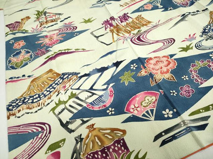 平和屋着物●訪問着　型染め　流水風景草花文　正絹　逸品　DABC2730ud