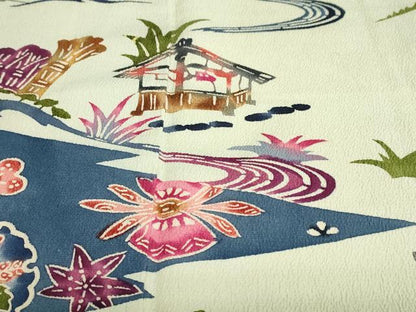 平和屋着物●訪問着　型染め　流水風景草花文　正絹　逸品　DABC2730ud