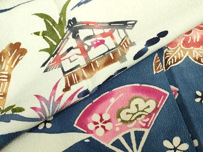 平和屋着物●訪問着　型染め　流水風景草花文　正絹　逸品　DABC2730ud