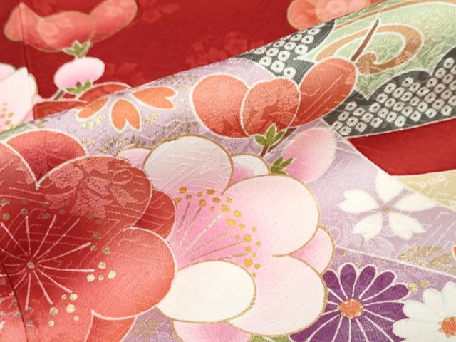 平和屋着物●豪華振袖　駒刺繍　熨斗草花文　金彩　正絹　逸品　DABC2738ud