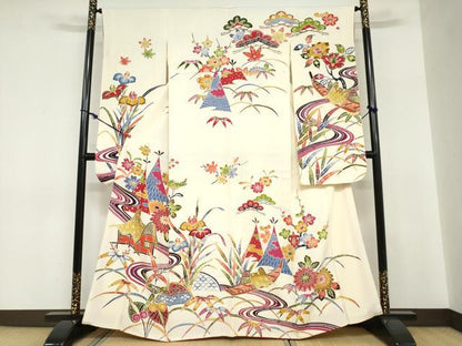 平和屋着物●豪華振袖　紅型　流水風景草花文　正絹　逸品　DABC2740ud