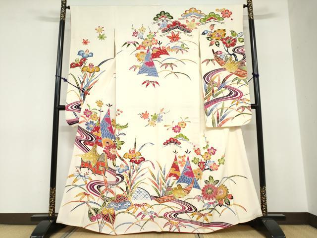 平和屋着物●豪華振袖　紅型　流水風景草花文　正絹　逸品　DABC2740ud