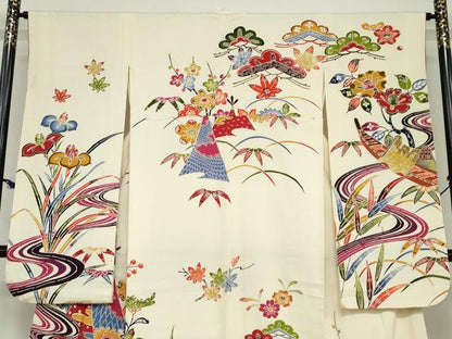 平和屋着物●豪華振袖　紅型　流水風景草花文　正絹　逸品　DABC2740ud