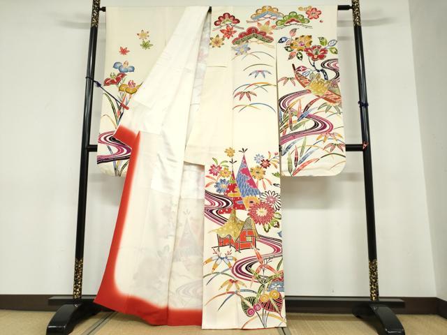 平和屋着物●豪華振袖　紅型　流水風景草花文　正絹　逸品　DABC2740ud